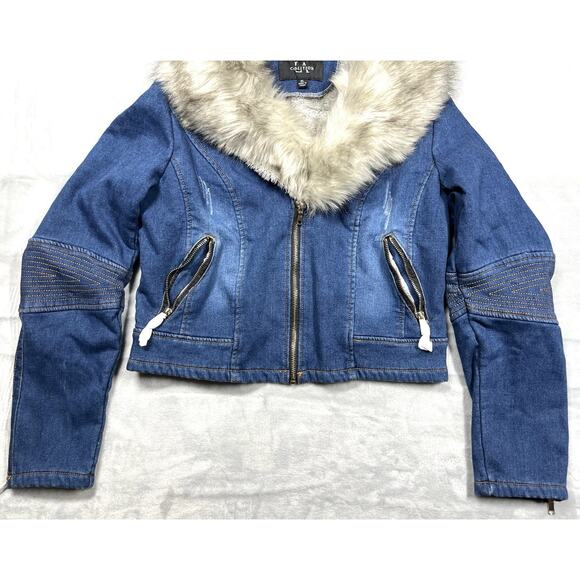 NEW Coalition LA Sz XL Faux Fur Collar and Lining Cropped Denim Jean Jacket NWT - Picture 13 of 16